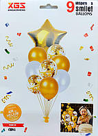 Набор воздушных шаров латексных с конфетти и фольгированной звездой "золото" 9шт