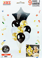 Набор воздушных шаров латексных с конфетти и фольгированной звездой "чёрный" 9шт