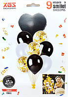 Набор воздушных шаров латексных с конфетти и фольгированным сердцем "чёрные" 9шт