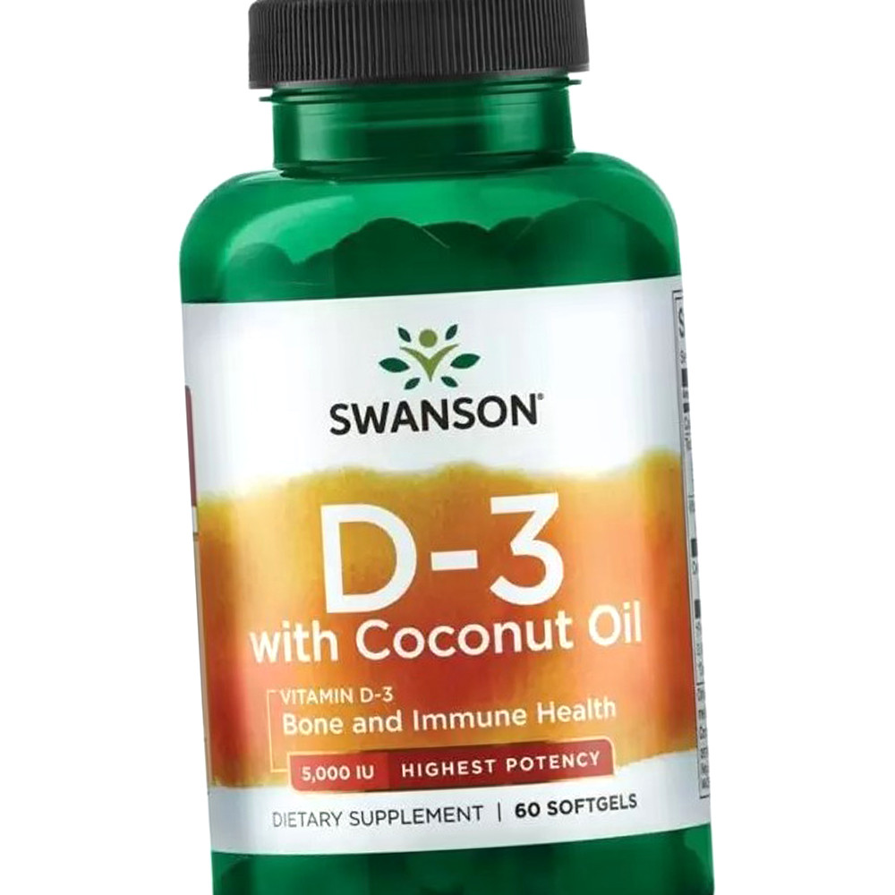 Вітамін Д3 та кокосове масло Swanson D3 5000 IU with Coconut Oil 60 гельових капсул
