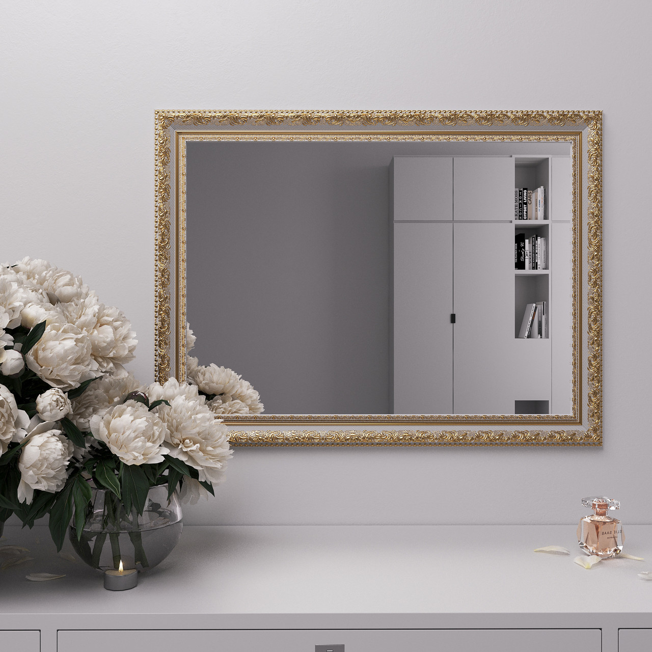 Дзеркало на стіну 80х60 Біле з патиною золота Black Mirror у ванну кімнату, фото 1