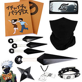 Набір Какаші з аніме Наруто: Пов'язка + Маска + Книга + 4 Кунаї + Сюрикен + Браслет  + Кулон | Косплей Какаші | Cosplay Kakashi
