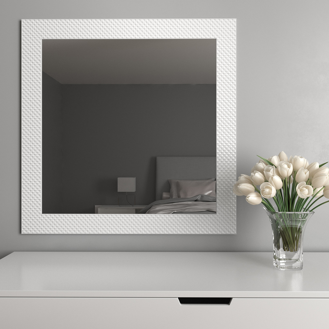 Квадратне настінне дзеркало | В білій рамі 96х96 Black Mirror | Для туалетного столика