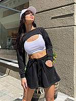 Костюм тройка женский летний укороченная кофта, топ из рубчика и юбка-шорты разные цвета Ddv3796