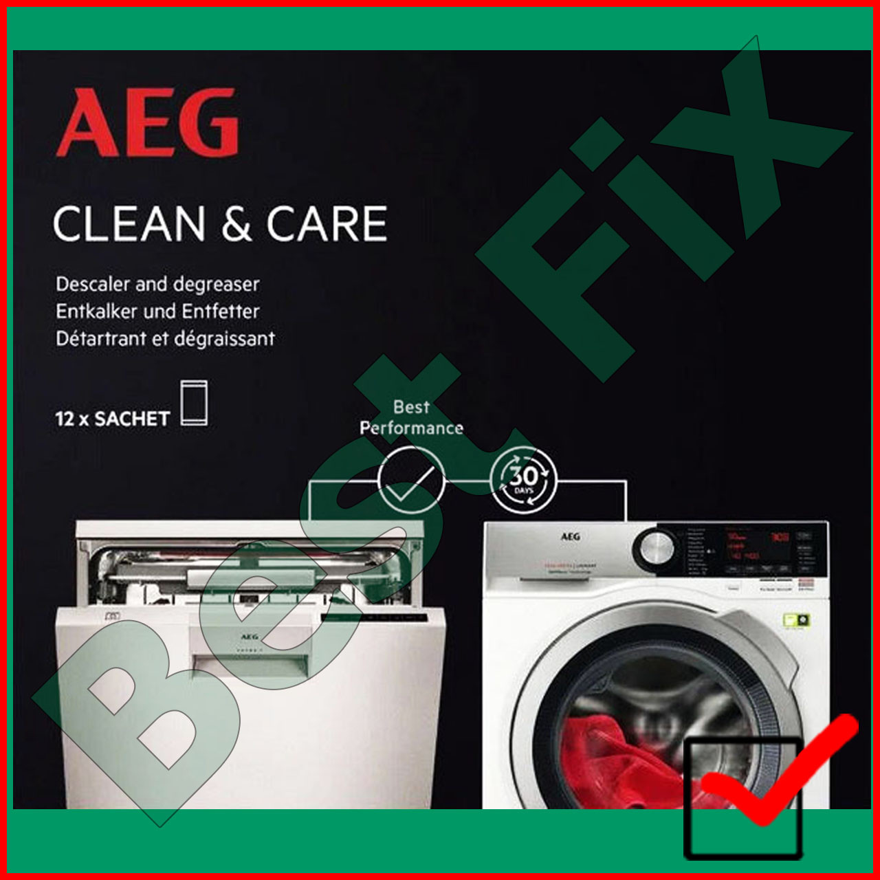 Очиститель для стиральных машин CLEAN & CARE от AEG сделано в Италии упаковка 12 пакетиков - фото 1 - id-p1444869345