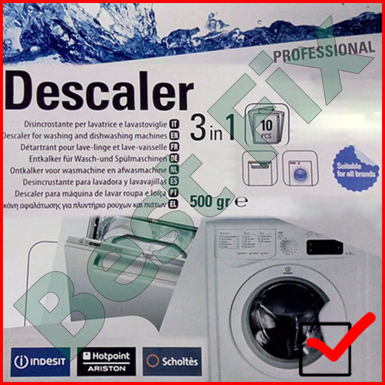 Средство от накипи для посудомоечных машин Descaler professional 3 in 1 от Indesit сделано в Италии упаковка - фото 1 - id-p1444869349