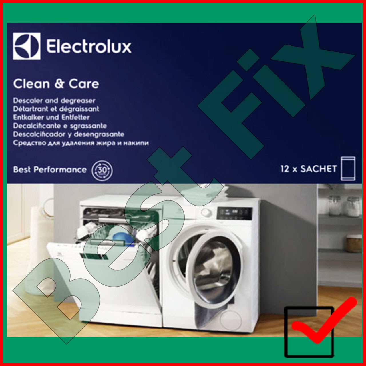 Засіб для посудомийних машин CLEAN & CARE від Electrolux зроблено у Італії упаковка 12 пакетиків blue