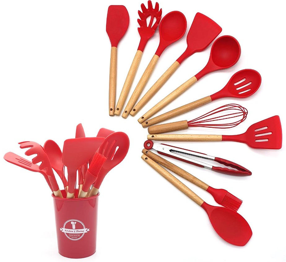 Кухонний набір Silikone Kitchen Set червоний з силікону з бамбуковою ручкою з 12 предметів, фото 1