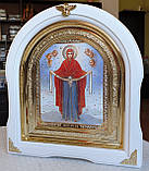 Ікона Покров Пресвята Богородиця в білому арковому киті з декоративними куточками, розмір 28×25, сюжет 15*18, фото 4