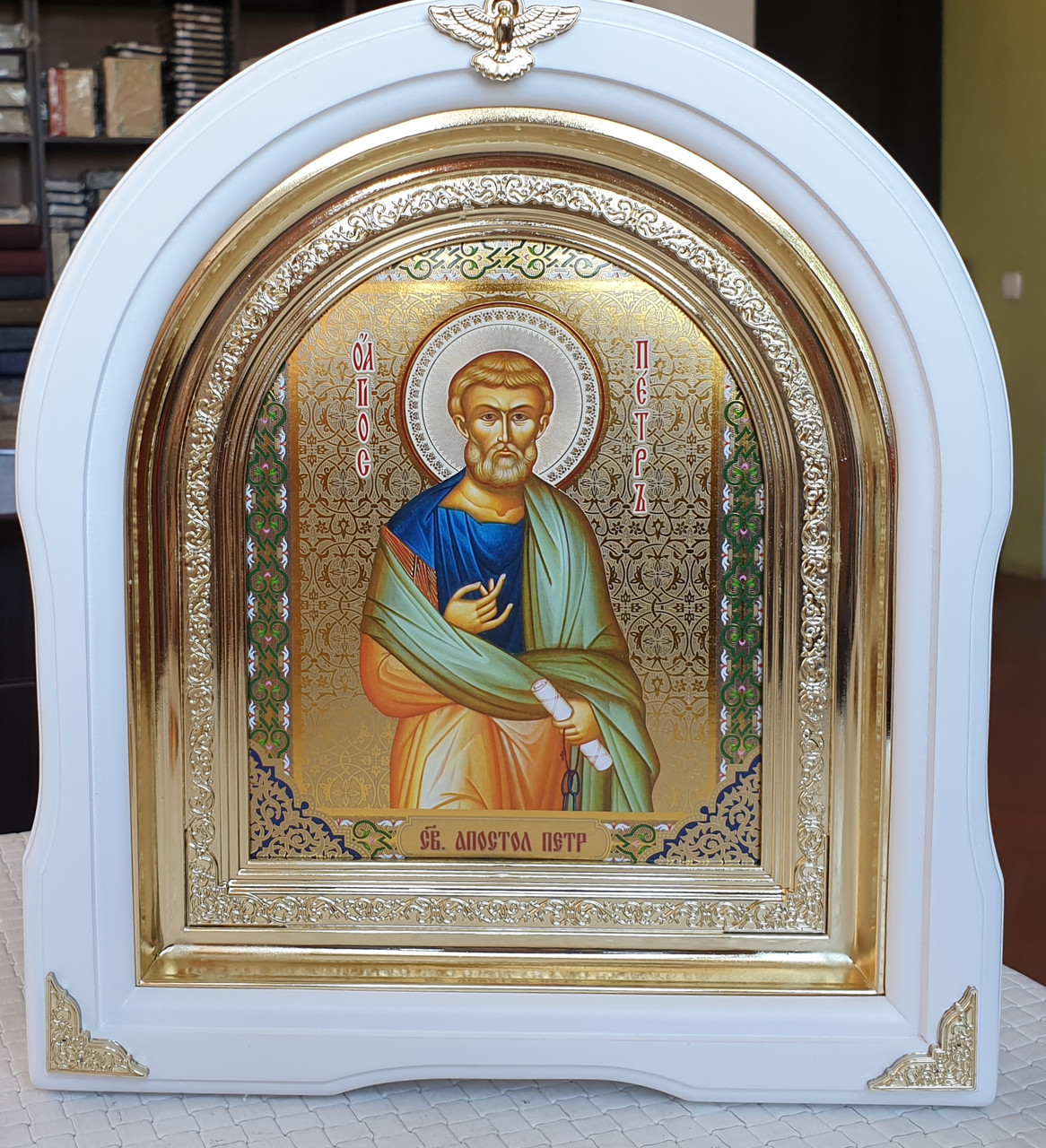 Ікона Святий Апостол Петро у білому арочному кіоті під склом, розмір кіота 28*25, сюжет 15*18.