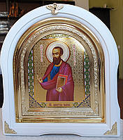 Икона Святой Апостол Павел в белом арочном киоте с декоративными уголочками, размер киота 28*25, сюжет 15*18