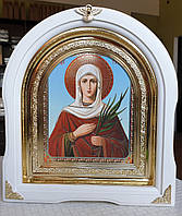 Икона Святая мученица Татьяна в белом арочном киоте с декоративными уголочками, размер киота 28*25,сюжет 15*18