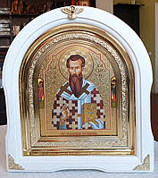 Икона Святой Василий Великий в белом арочном киоте с декоративными уголочками, размер киота 28*25,сюжет 15*18
