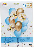 Кулі повітряні латексні з конфетті, блакитні та хром, 30-35 см×12 шт.