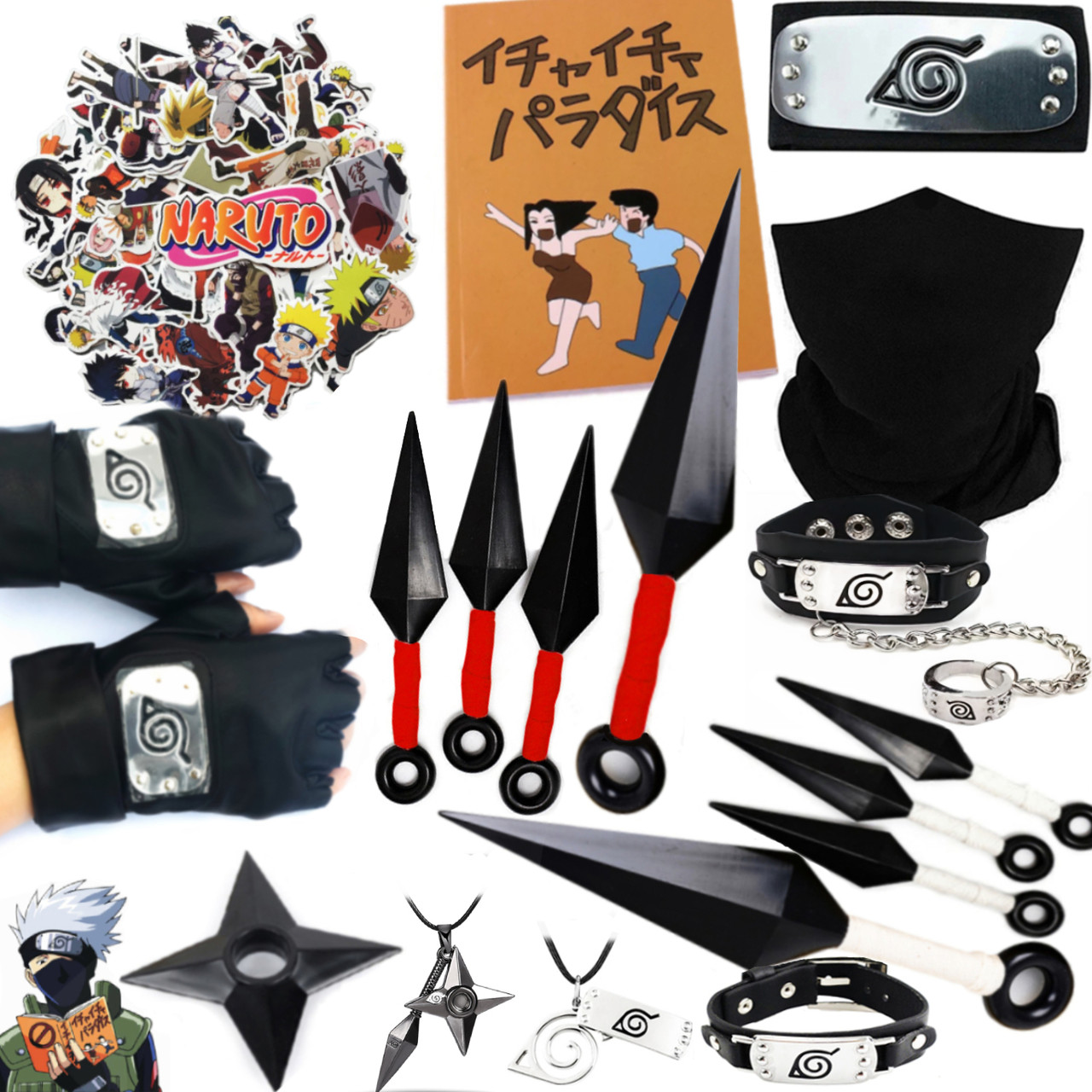 Набір Какаші з аніме Наруто: Пов'язка + Маска + Перчатки + Книга + Стікери + 8 Кунаїв + Сюрикен + 2 Браслета + 2 Кулона | Косплей, фото 1