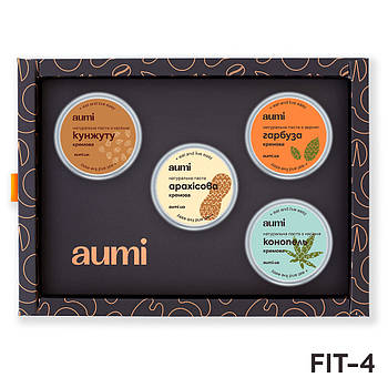 Подарунковий набір FIT-4 в коробці, горіхові пасти AUMI тахіні, арахісова, з насіння конопель і гарбуза