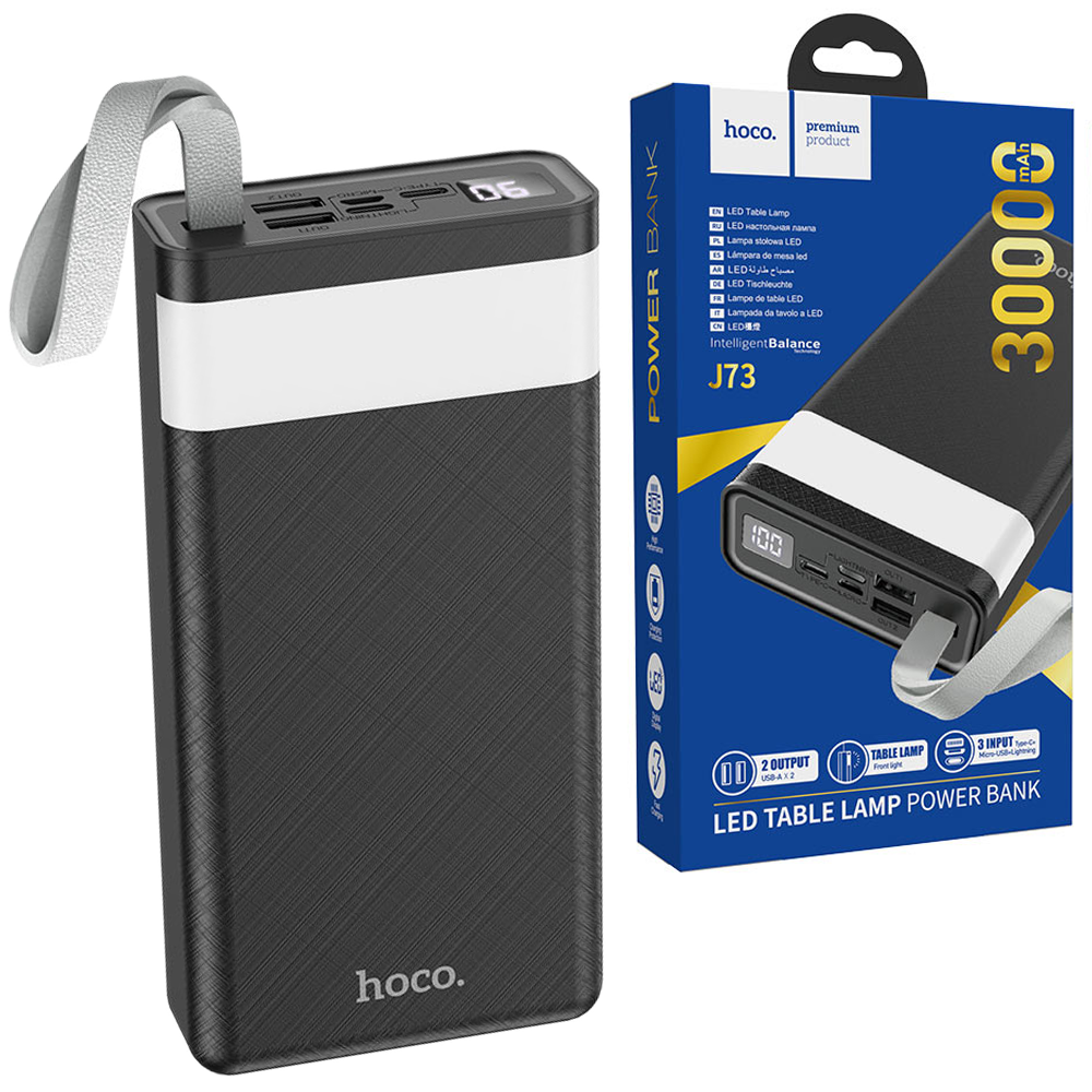 Повербанк 30000 mAh с LED светильником HOCO J73 Powerful Универсальная батарея Li-Pol От USB USBx2 micro Type-C Черный Фонарик Индикатор уровня заряда Пластик Hoco