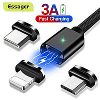 Кабель для зарядки телефона магнитный USB ESSAGER с 3 коннекторами: Type C, Micro, Lightning iPhone 100 см.