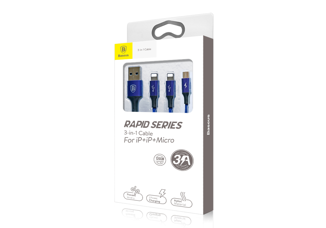 Зарядний шнур із трьома перехідниками 1.2 метра Baseus Rapid Series 3 в 1 Cable Micro+Dual Lightning 3A Синій, фото 1