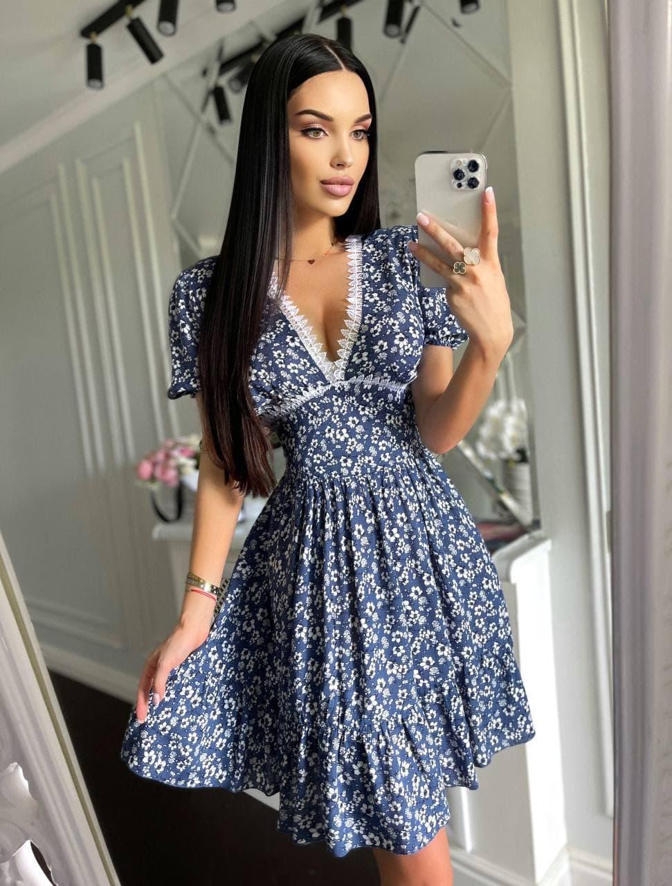 Сукня міні Рута жіноча приталена ніжна з мусліну з мереживом і воланами в квітковий принт Smf6222