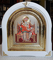 Икона Святой Спиридон Тримифутский в белом арочном киоте с декоратив.уголками, размер 28×25,размер лика 15×18