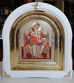 Ікона Свята Спірідон Триміфутський у білому арковому кіоті з декоративними кінчиками, розмір 28 × 25, розмір личка 15 × 18