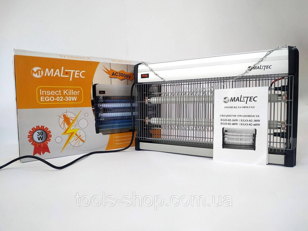 Знищувач летючих комах, мух, комарів (120 м2) Maltec EGO-02-30W (2x15W) 220В, 3000В, Інсектицидні лампи