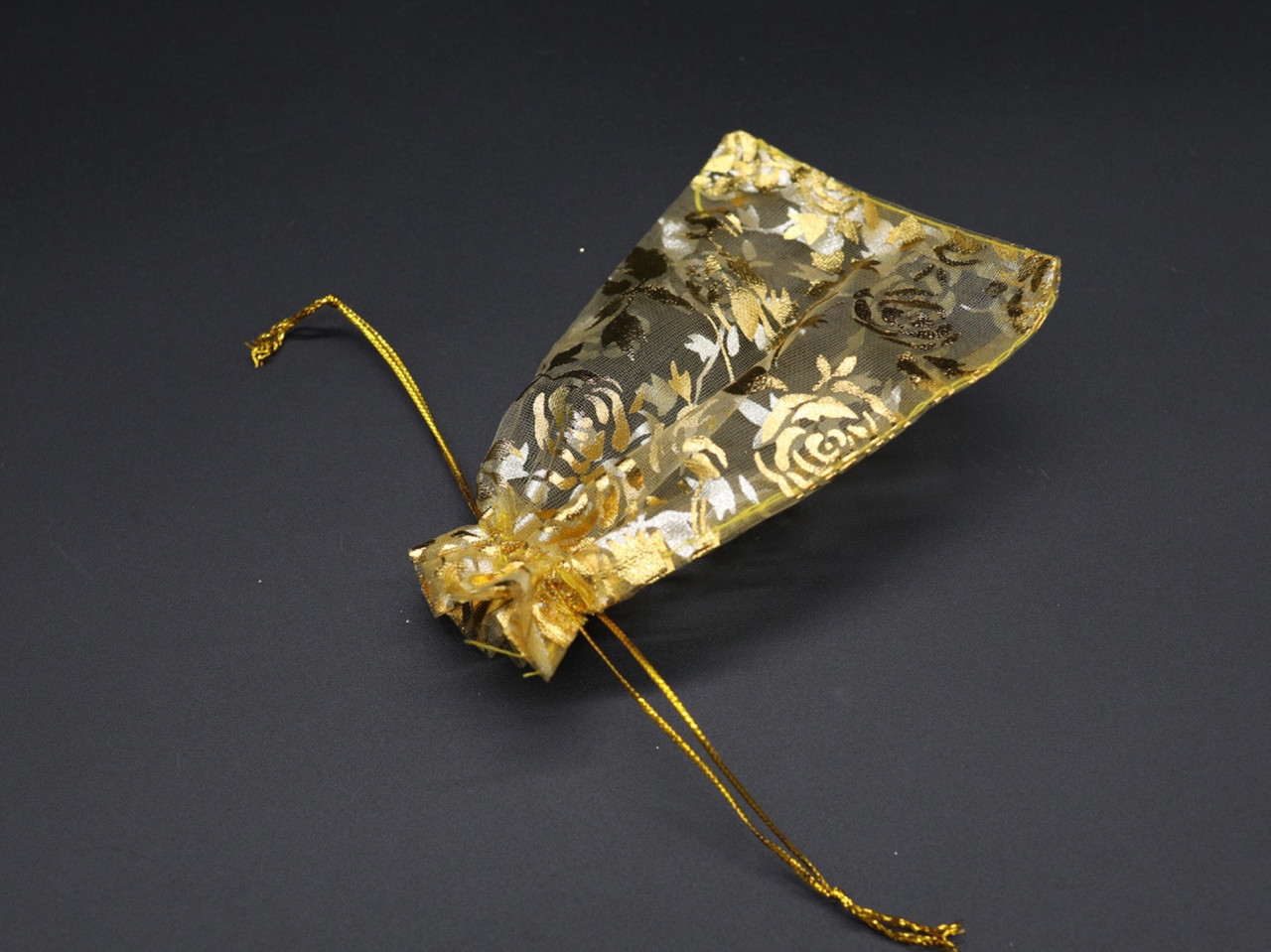 Мішечки для подарунків з органзи прозорі з візерунками Колір золота квітка 10х14см, фото 1