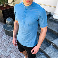 Льняна сорочка чоловіча з коміром-стійкою і коротким рукавом | Літня сорочка ЛЮКС якості