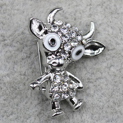 Брошка металева срібляста маленька Олень із камінням символ року розмір виробу 26х18 мм, фото 1