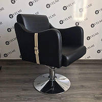 Кресло парикмахерское Sorento на пневматике диск хром экокожа черная ремень бежевый (Velmi TM)