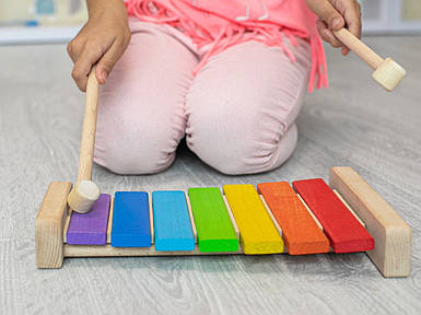 Ксилофон дитячий дерев'яний різнокольоровий 27х17см із натурального екологічного матеріалу