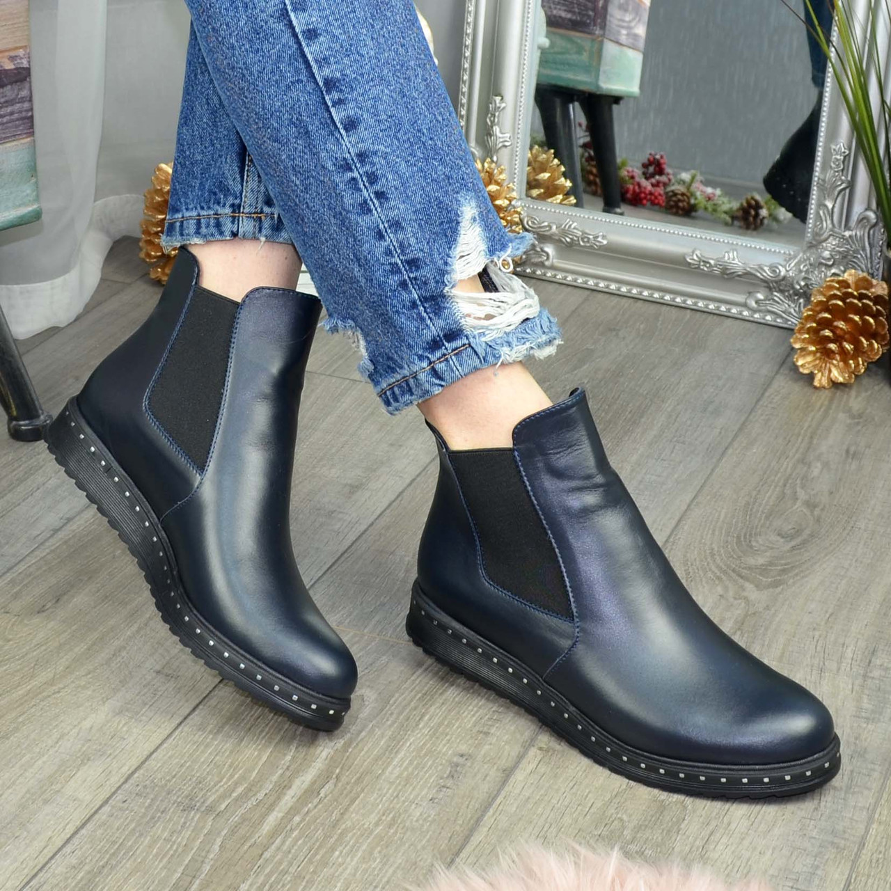 Жіночі сині черевики на товстій підошві, фото 1