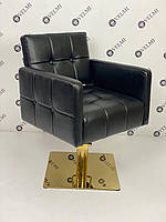 Кресло парикмахерское Ivory на гидравлике квадрат золото экокожа черная (Velmi TM)