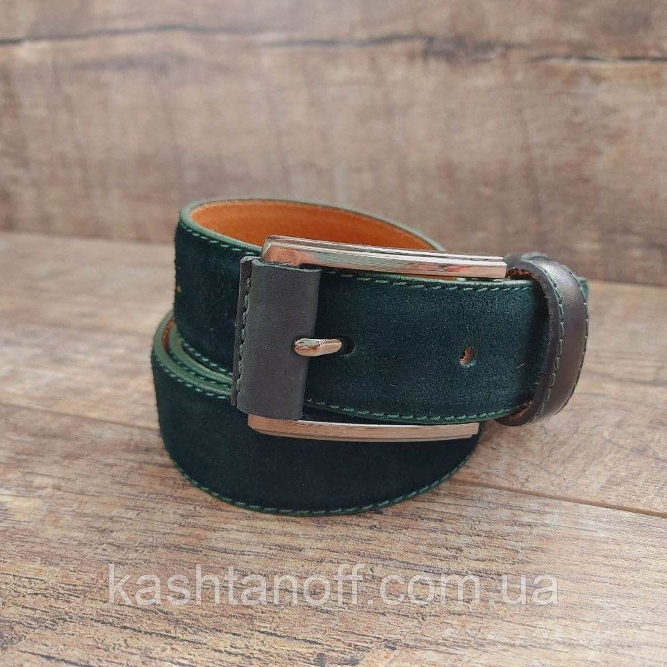 Ремінь чоловічий замшевий зеленого кольору, фото 1