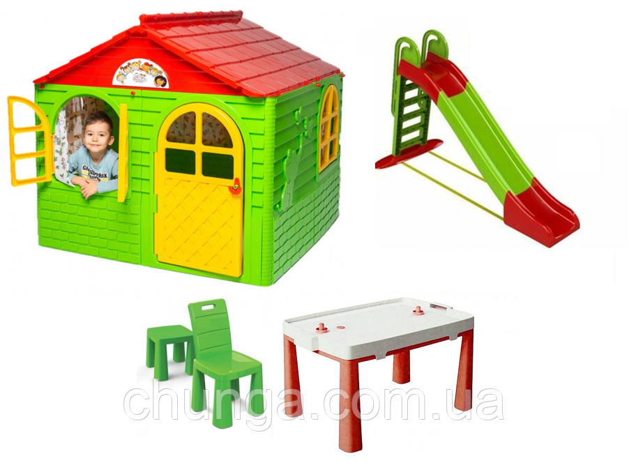 АКЦІЯ МЕГА НАБІР Середній ігровий будиночок зі шторками, велика пластикова гірка і столик зі стільчиком ТМ Doloni