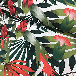 Тканина Польська бавовняна, велике листя рослин червоно-зелені на білому (0357)