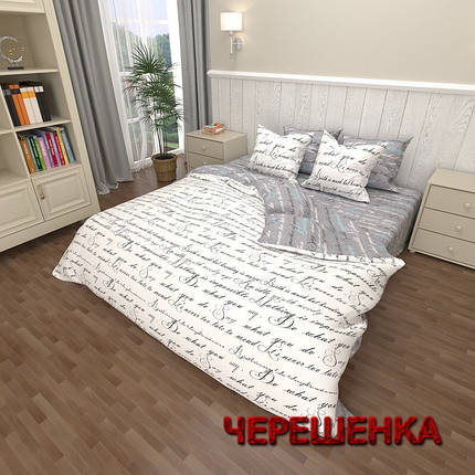 Тканина для постільної білизни Бязь "Gold" Lux GL7666 (A+B) - (50м+50м) біла та сіра з текстовим принтом, фото 1