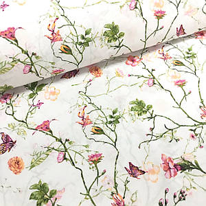 Тканина Польська бавовняна, кущові рослини з фіолетовими метеликами на білому (0325)