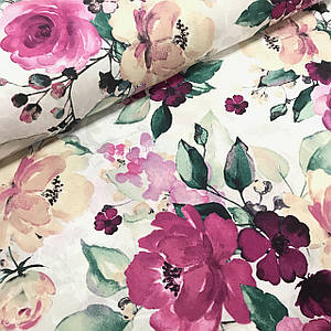 Тканина Польська бавовняна, квіти великі фіолетово-бежеві акварель на білому (0320)