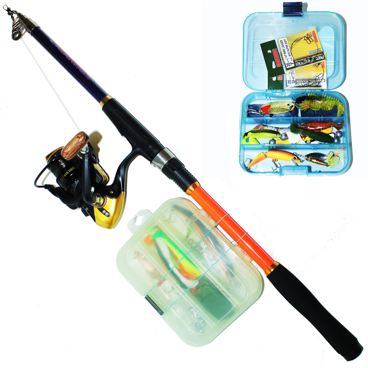 Спінінг з котушкою в зборі 2.1 м. + снасті для лову хижої риби у коробці(щука, судак, окунь), фото 1