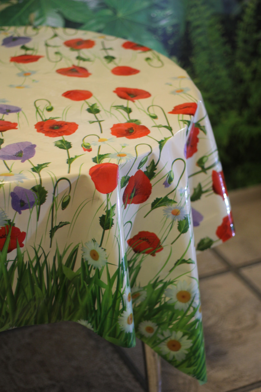 Клейонка силікон непрозора Маки і Ромашки в траві на бежевому фоні