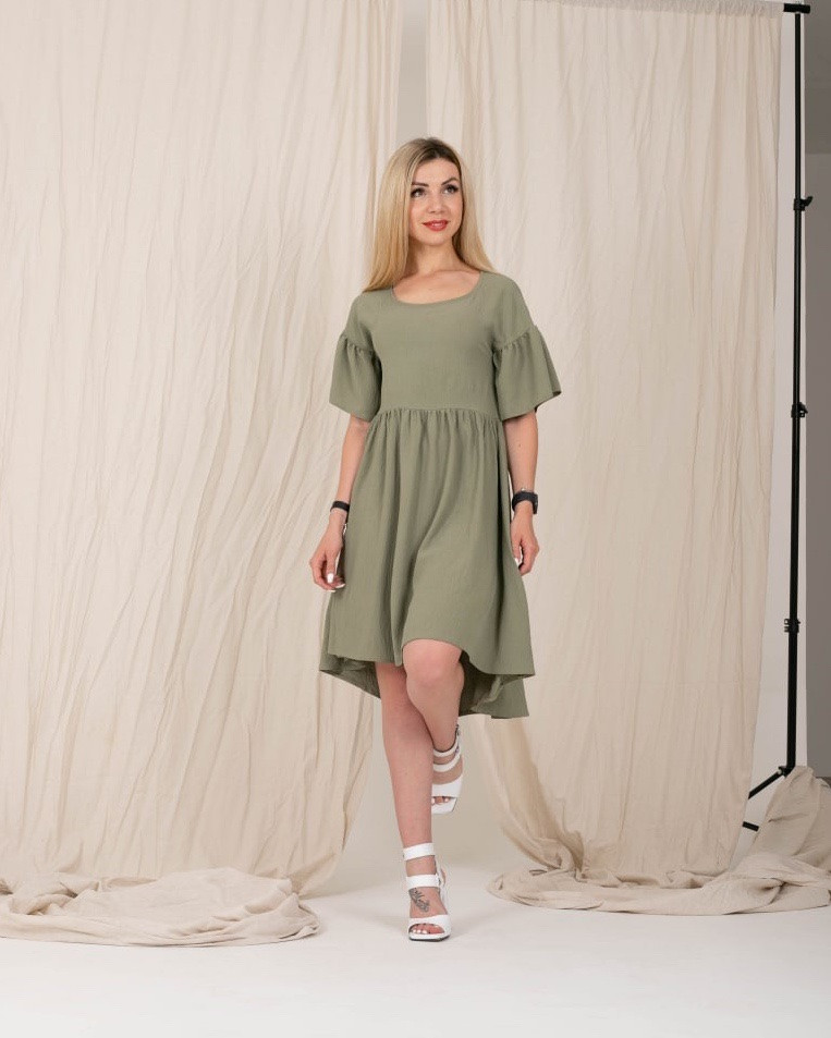 Сукня молодіжна з тканини креп-жатка кольору хакі розміри 42-44, 46-48, 50-52