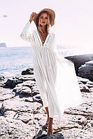 Белая пляжная накидка женская свободного кроя длинная ,пляжная туника, накидка на купальник