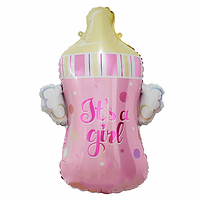 Фольгированный фигурный шар "Бутылочка с крыльями".Цвет:Розовый Размер:79см*61см.