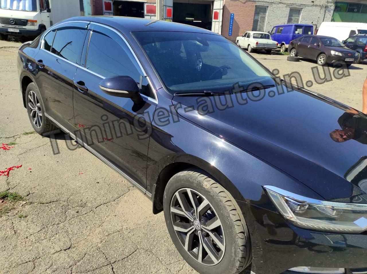Дефлектори вікон з хром молдингом, вітровики Volkswagen Passat B8 2014- (Uncle), фото 1