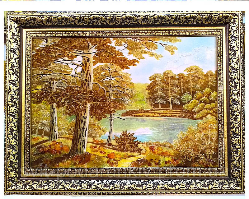 Пейзаж "Сосни лісова річка", красива картина з бурштину вдалий подарунок