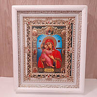 Ікона Володимирська Пресвята Богородиця, лик 15х18 см, в білому кіоті з камінням