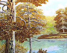 Пейзаж "Сосни лісова річка", красива картина з бурштину вдалий подарунок, фото 2
