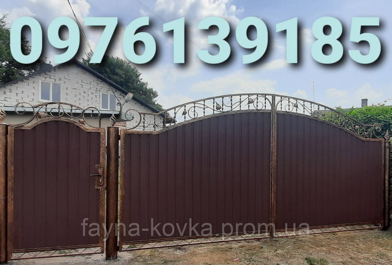 Брама кована, ворота з ковкою та профнастилом 6227.